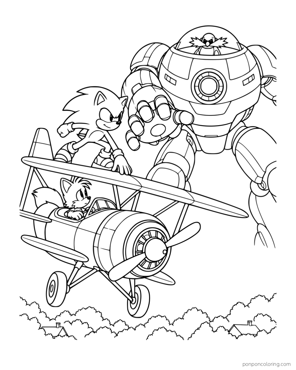 Sonic and Tails in a biplane with a giant Eggman robot behind them.