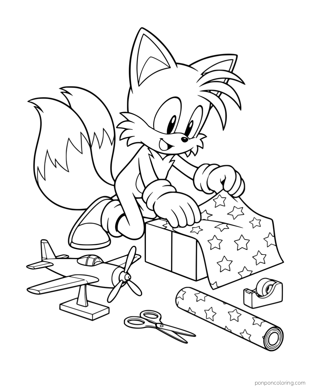 Tails wrapping a gift beside a model airplane and wrapping supplies.