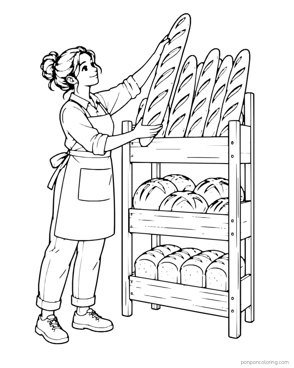 An adult baker reaches for a long baguette on the top shelf of a rack filled with bread.