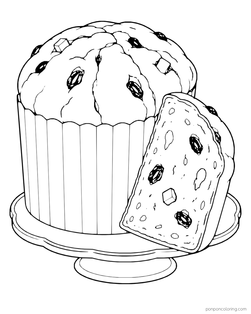 A tall domed loaf with visible fruit pieces and one thick slice stand on a small cake plate.