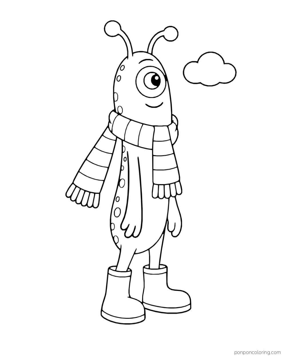 Tall one-eyed antenna monster wearing a striped scarf and rounded boots.