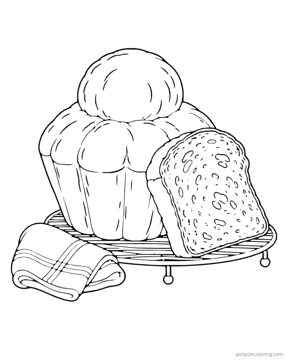 A tall round loaf and one thick slice rest on a cooling rack beside a folded cloth.