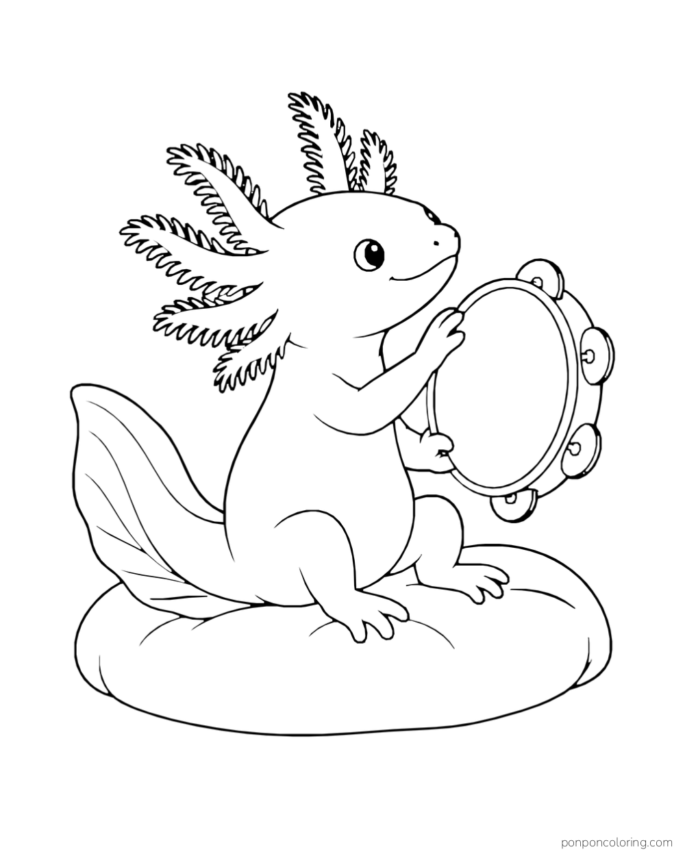 Axolotl holding a round tambourine while seated on a cushion.