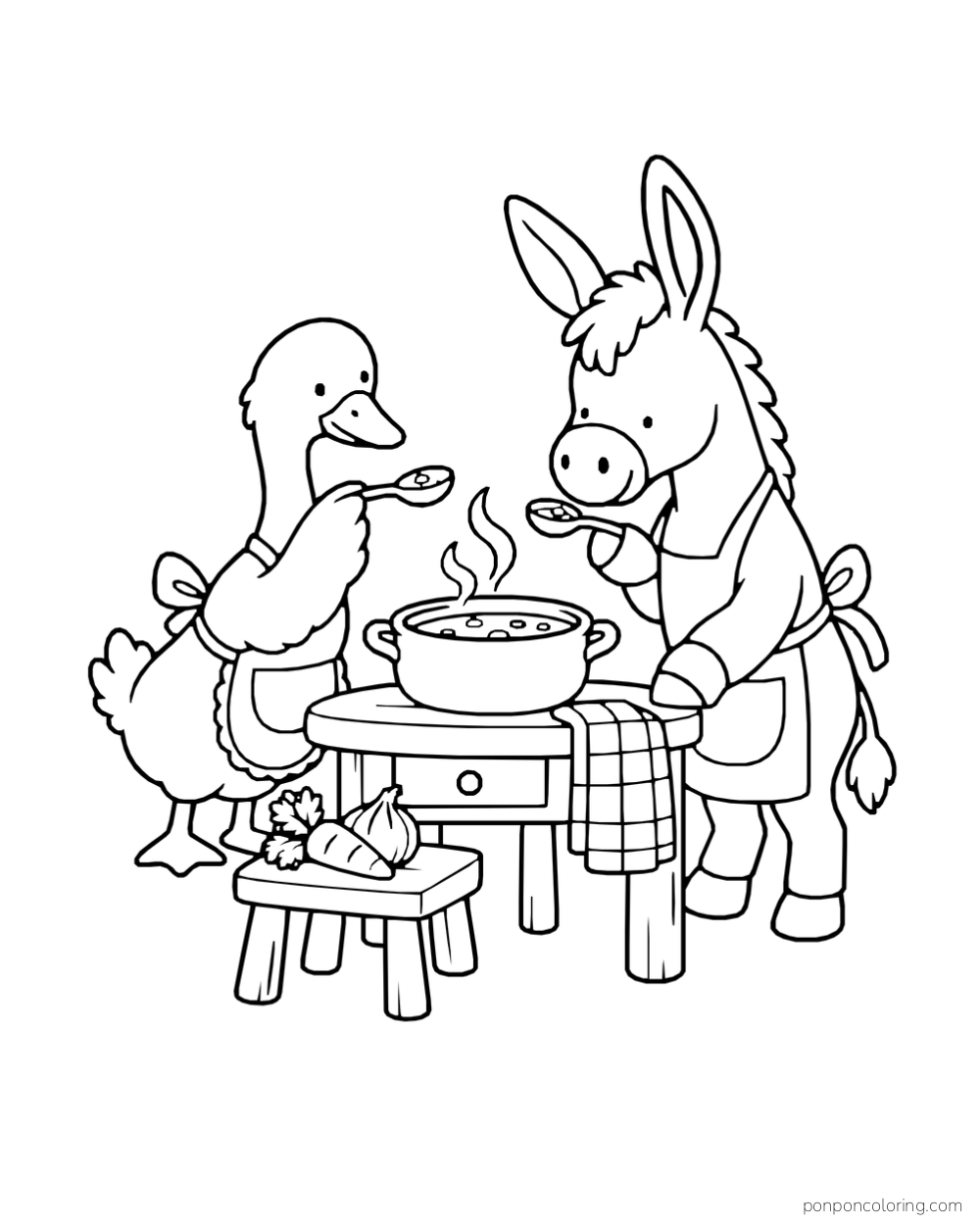 A goose and donkey hold spoons beside a steaming soup pot and vegetables.