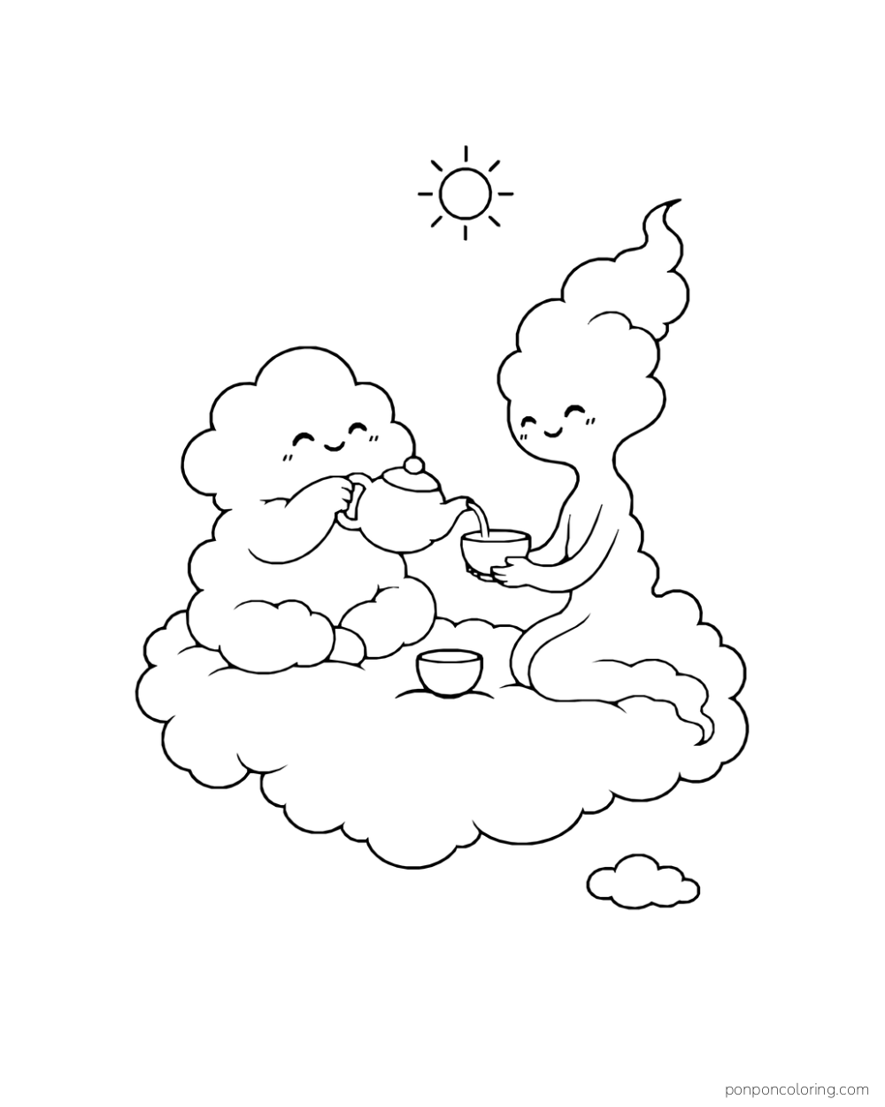 Two small cloud friends share a teapot and cup on a fluffy cloud.