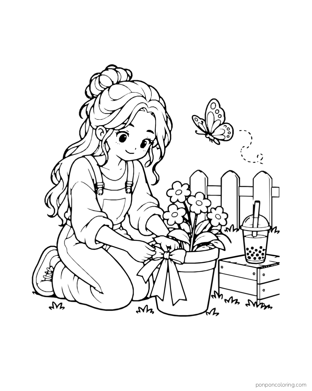 A person ties flowers beside a boba cup and a butterfly in a garden.
