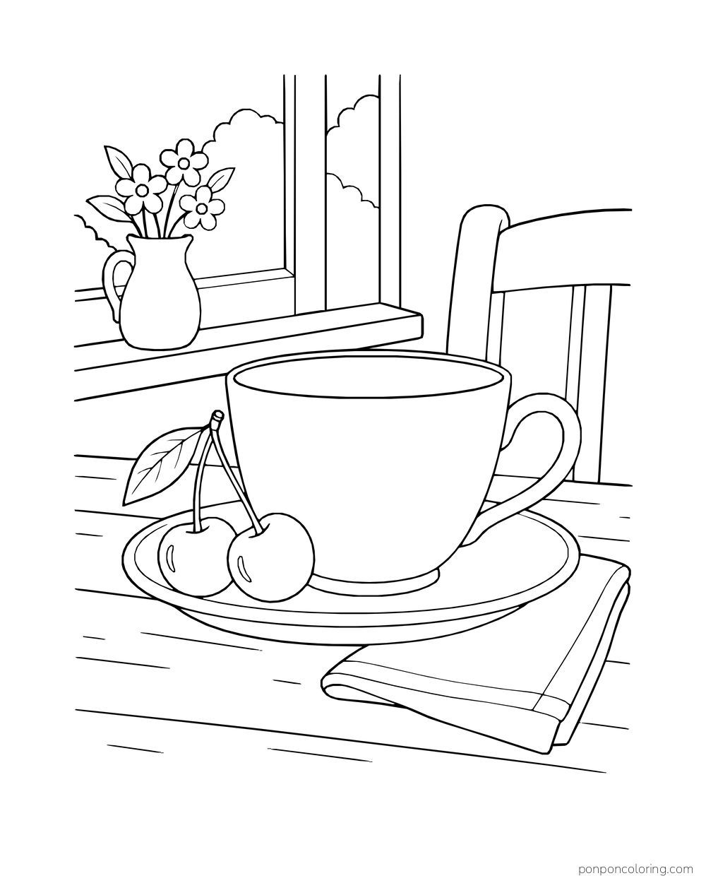 A teacup on a saucer stands beside two cherries and a folded napkin near a window.