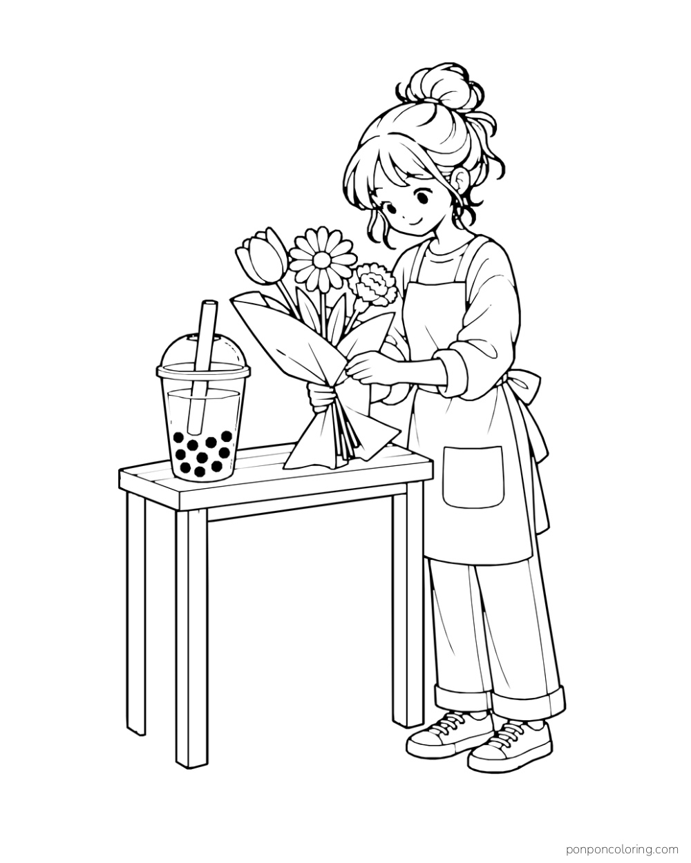 A flower seller arranges a bouquet beside a boba cup on a small stall table.