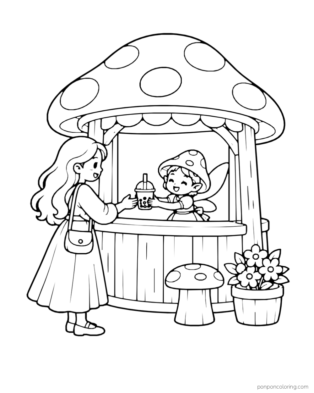A person passes a boba cup through the window of a mushroom-shaped stand.