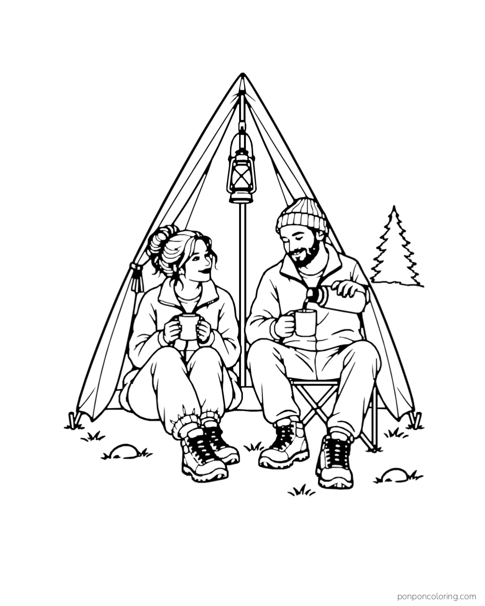 Two campers hold tea mugs at the entrance to a small tent.