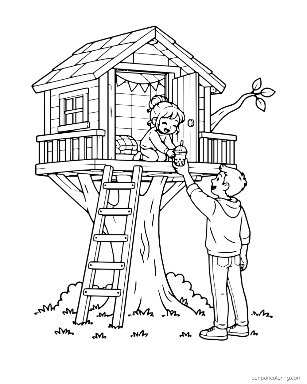 One child passes a boba cup from a treehouse platform to a person below.