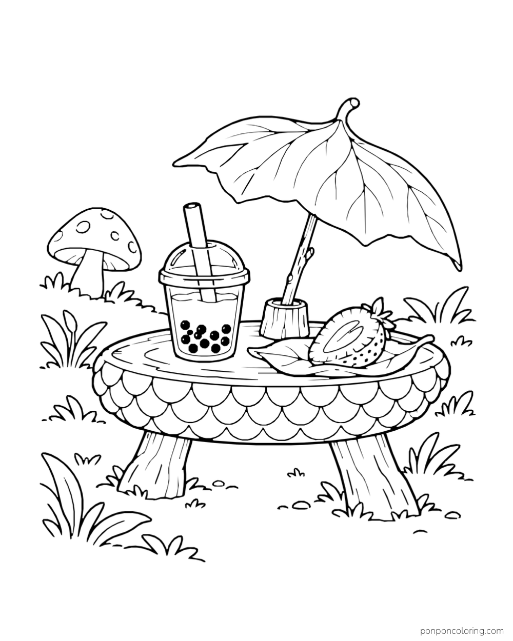 A boba cup and sliced fruit sit on a round table under a large leaf.
