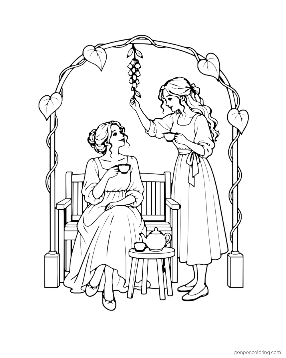 Two friends share cups beside a small table under a leafy garden arch.