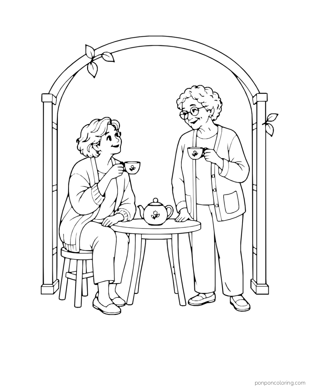 Two friends lift teacups beside a tiny table under a plain leafy garden arch.