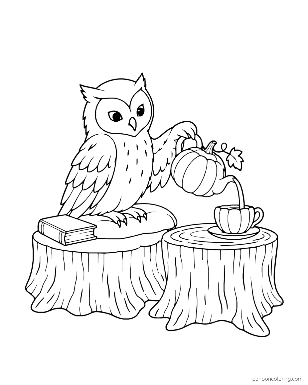 An owl sitting on a cushion pours from a pumpkin-shaped teapot into a matching cup on a second stump, with a book beside it.