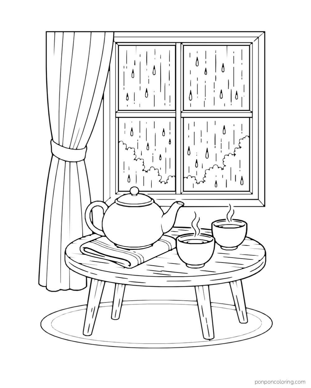A teapot and two cups rest on a table beside a window streaked with rain.