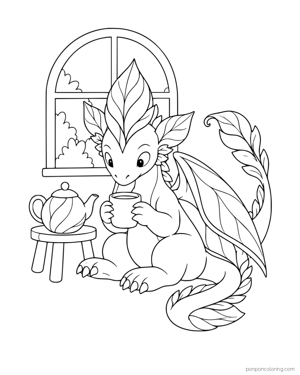 A leafy dragon holding a mug beside a teapot and an arched window.