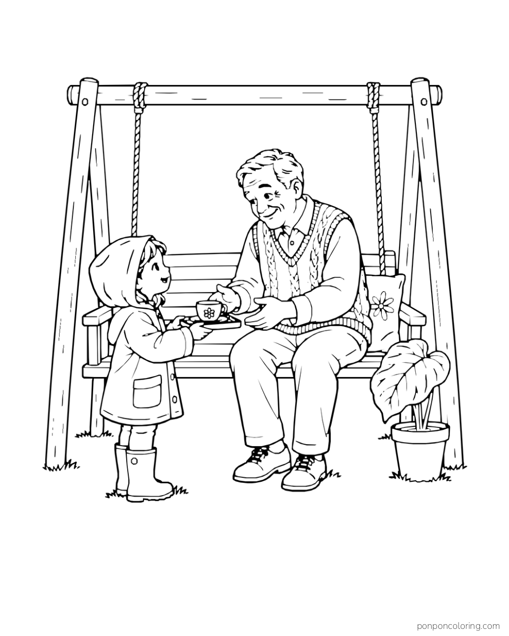 Child offers a teacup on a tray to a grandparent seated on a garden swing.