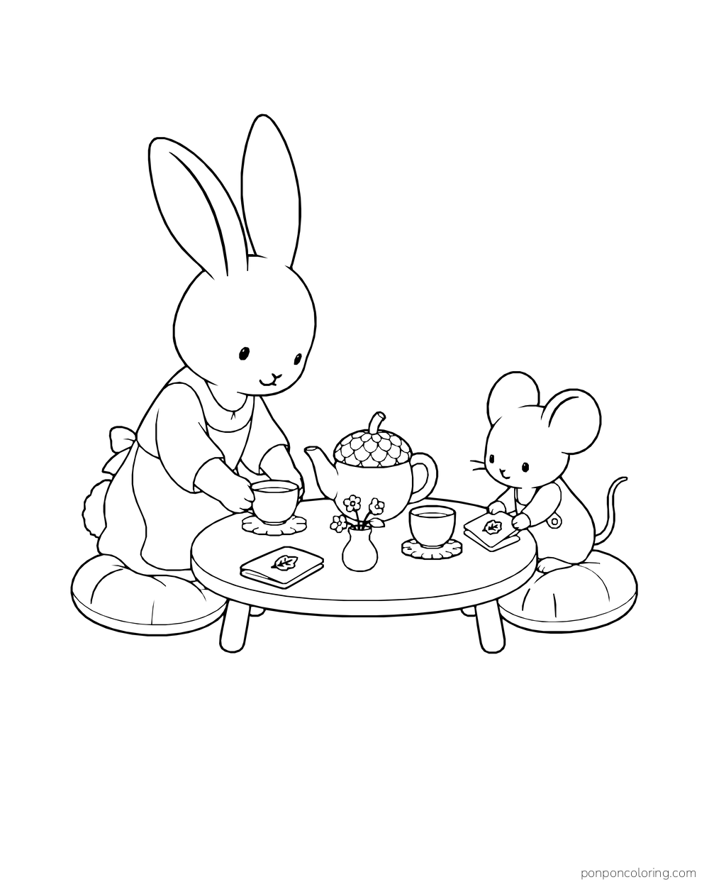 A rabbit and a mouse sit on cushions at a low table with an acorn-shaped teapot, two cups and a small flower vase.