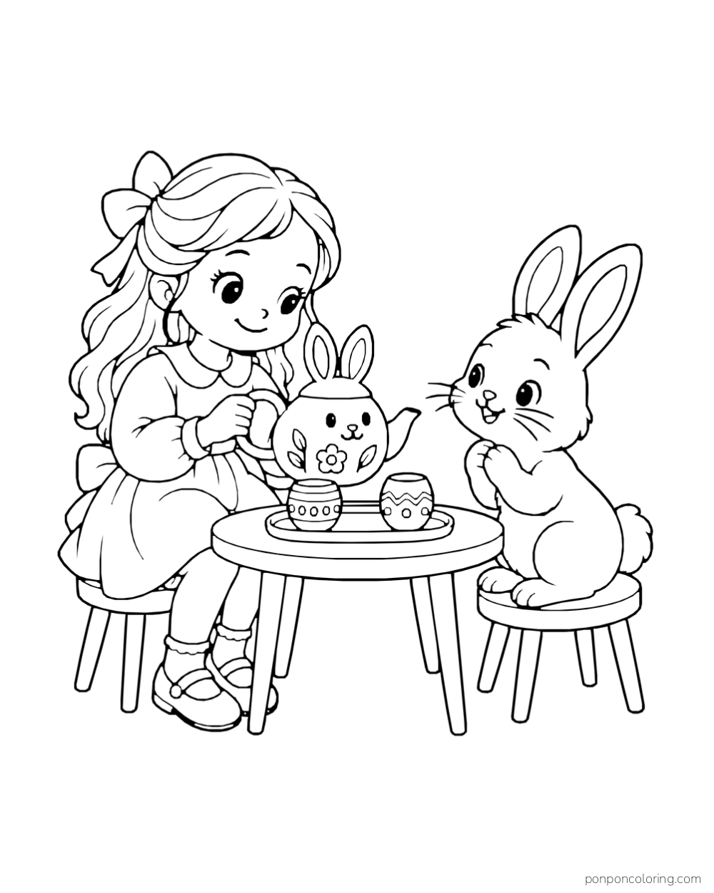 A girl and rabbit share tea with a bunny-shaped teapot and two egg-shaped cups at a round table.
