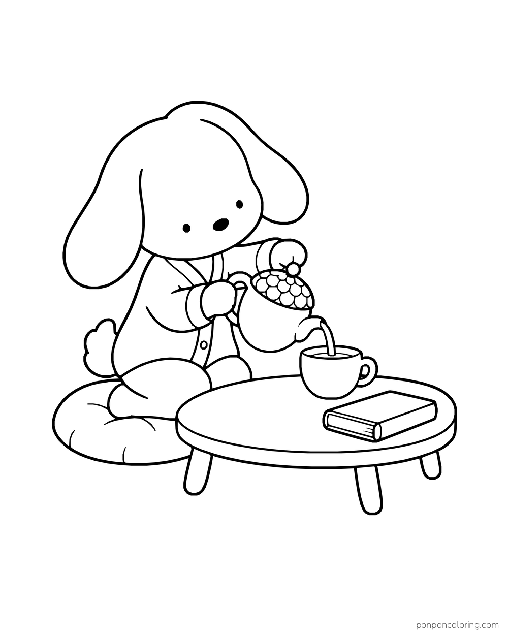 A floppy-eared puppy pours tea from an acorn-shaped teapot beside a cup and closed book on a low table.