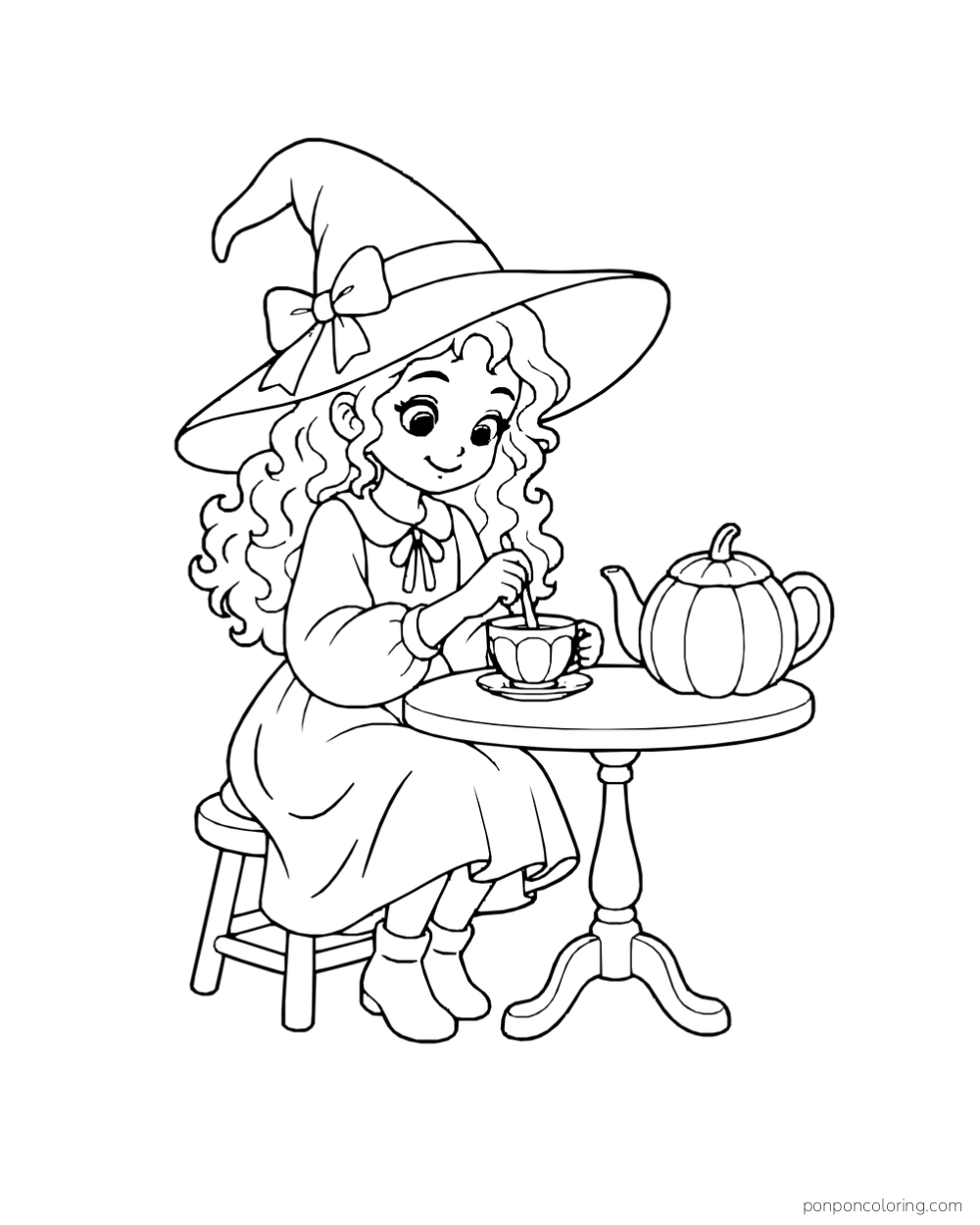 A curly-haired witch in a pointed hat stirs tea in a cup beside a pumpkin-shaped teapot on a round table.