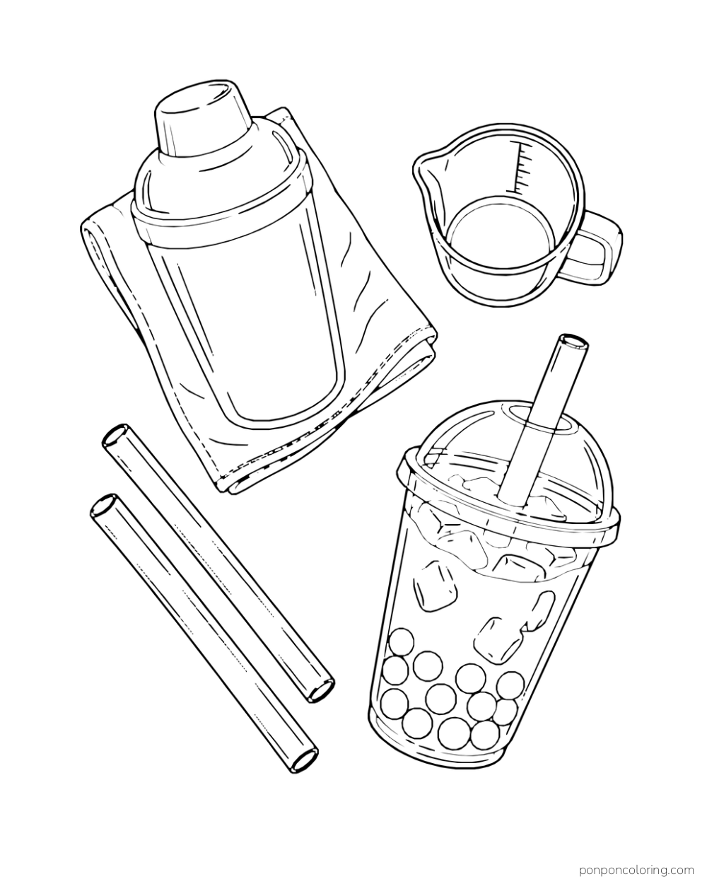 Overhead view of a shaker, measuring cup, wrapped wide straw, cloth, and boba cup.