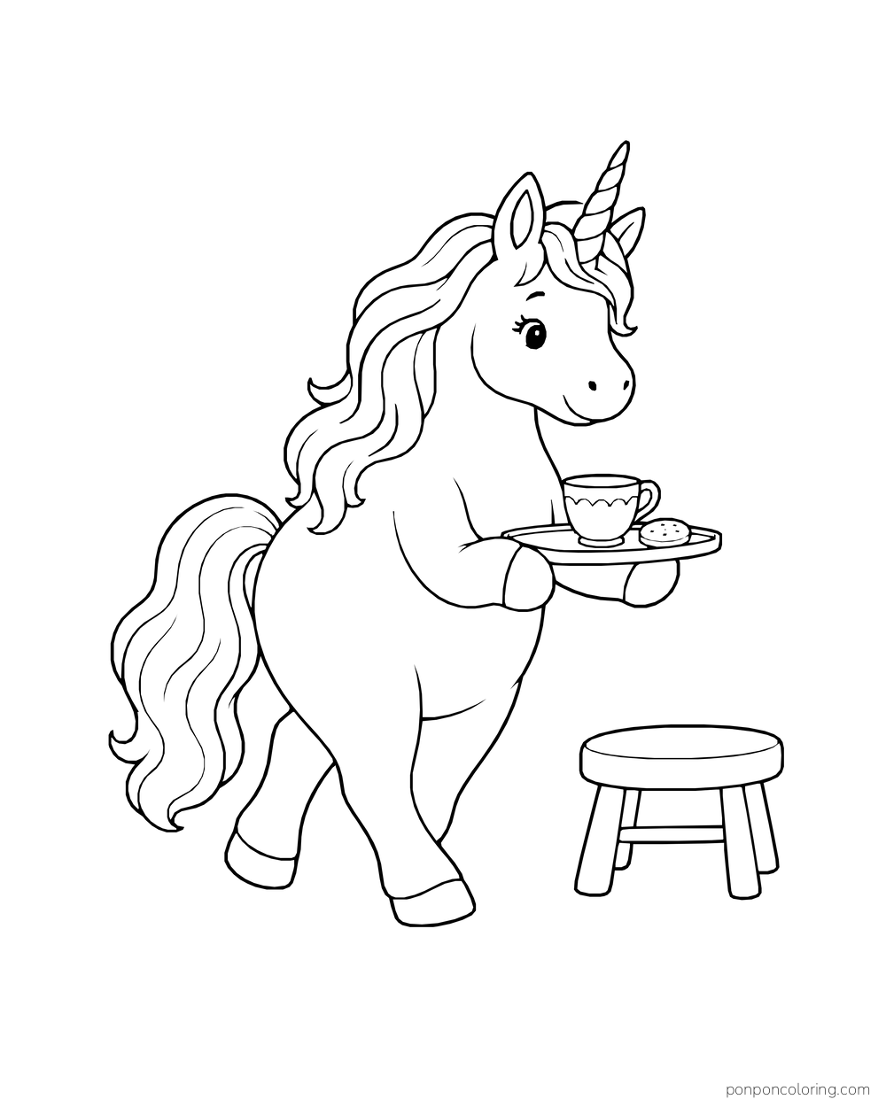 A unicorn balances a small tray with a teacup while standing near a stool.