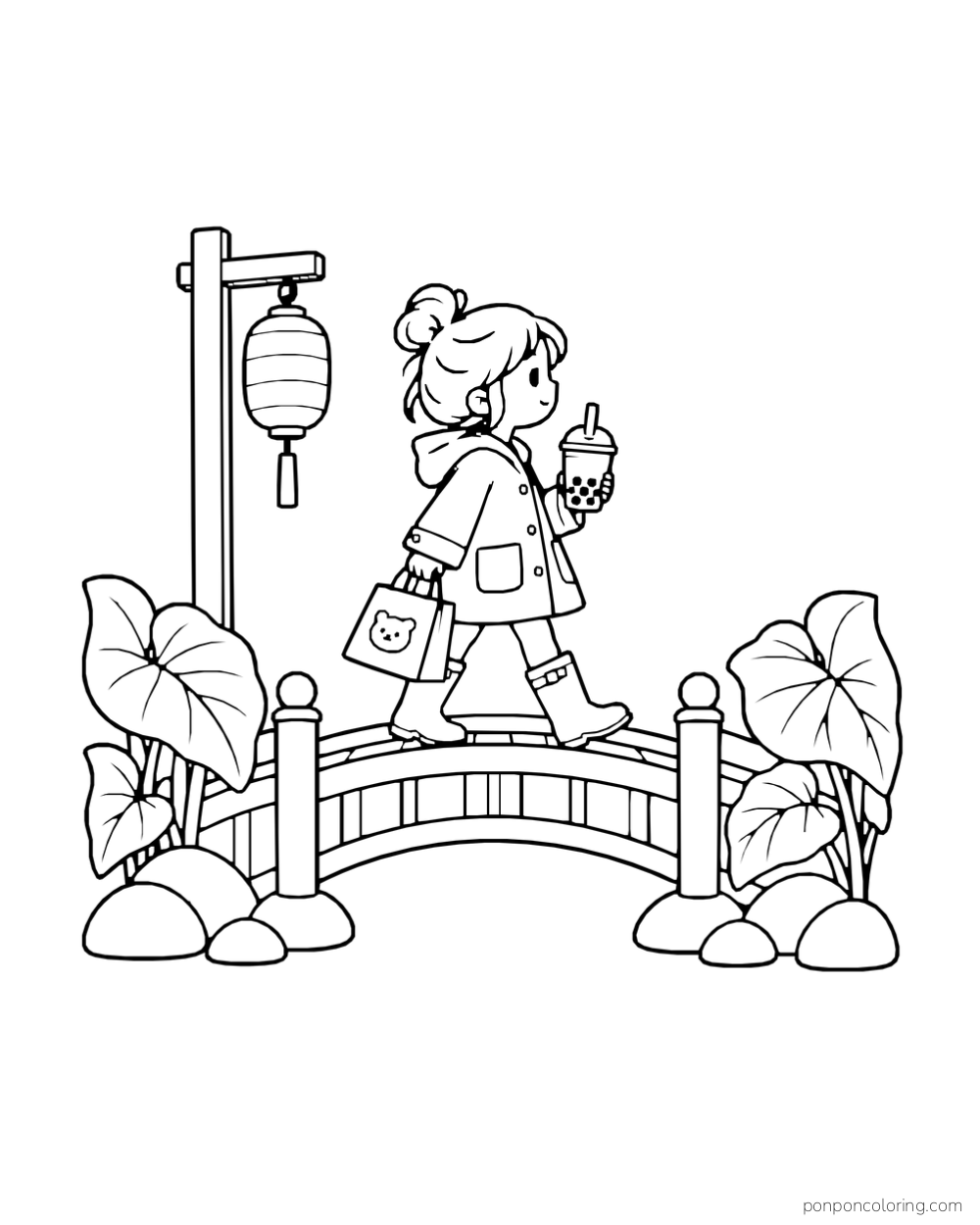 A person carries boba across a small arched bridge beneath a hanging lantern.