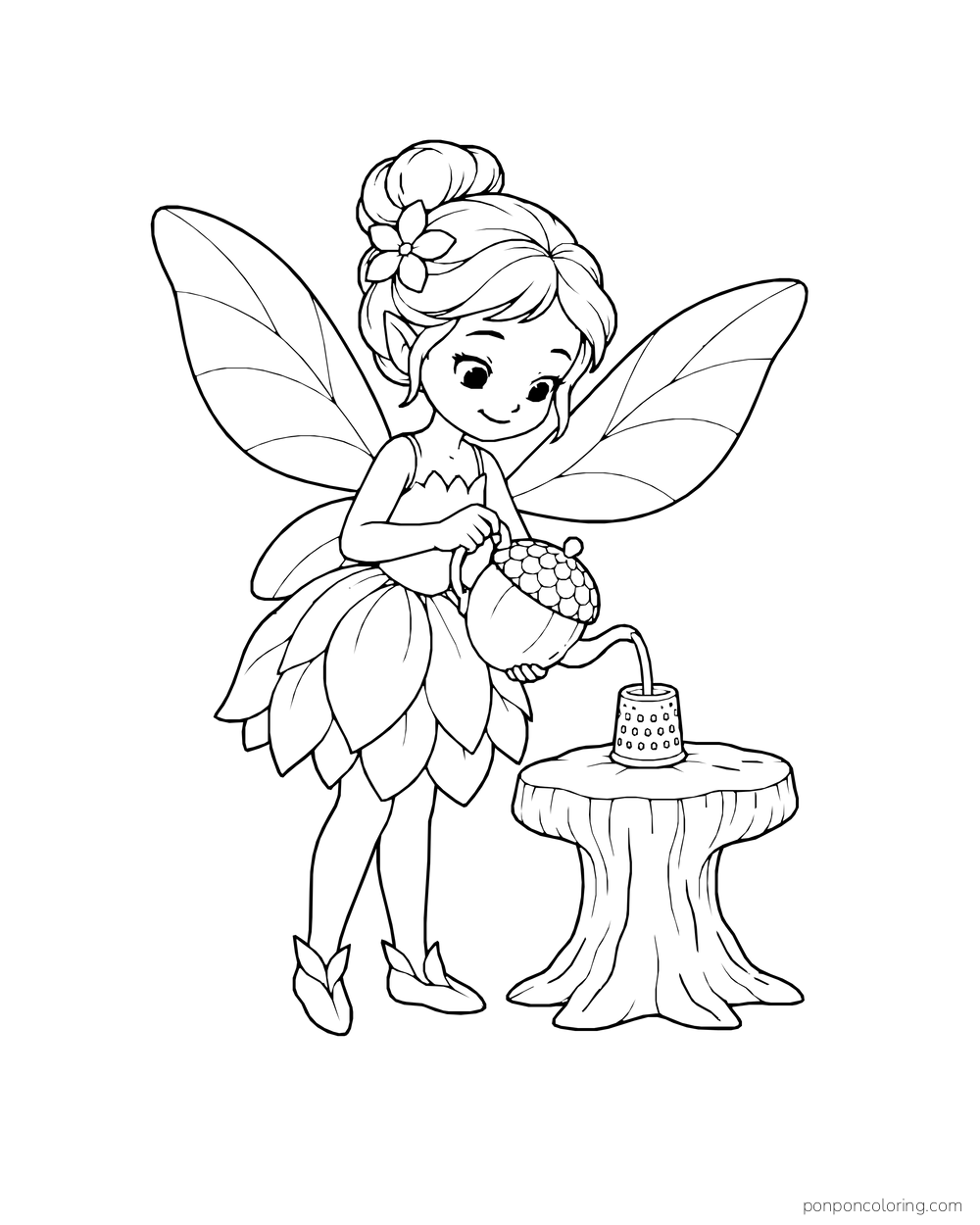 Fairy pouring from an acorn-shaped teapot into a tiny cup on a stump.