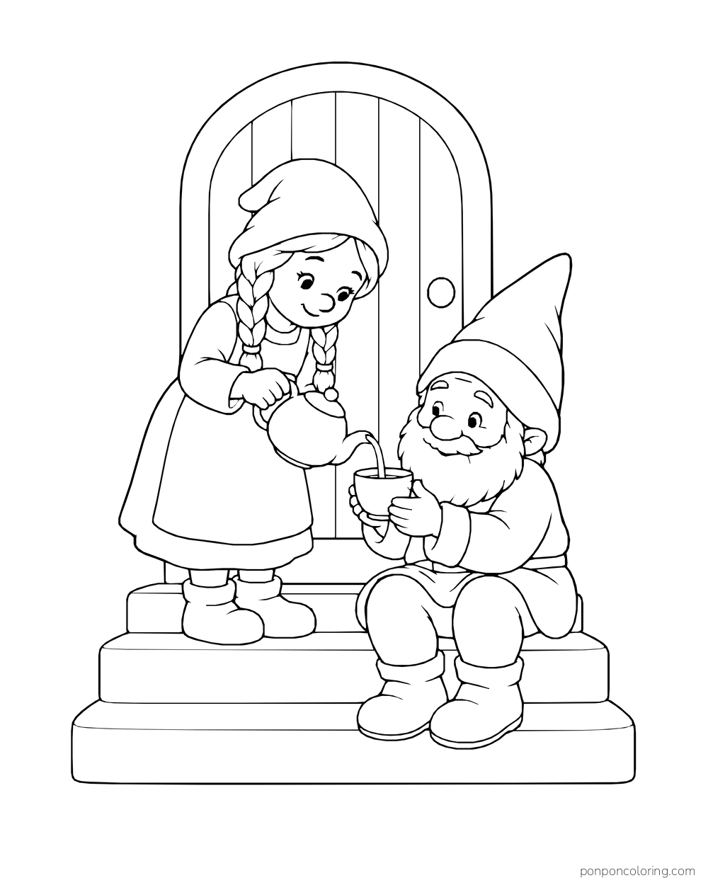 Braided gnome pouring tea for a seated older gnome on a cottage step.