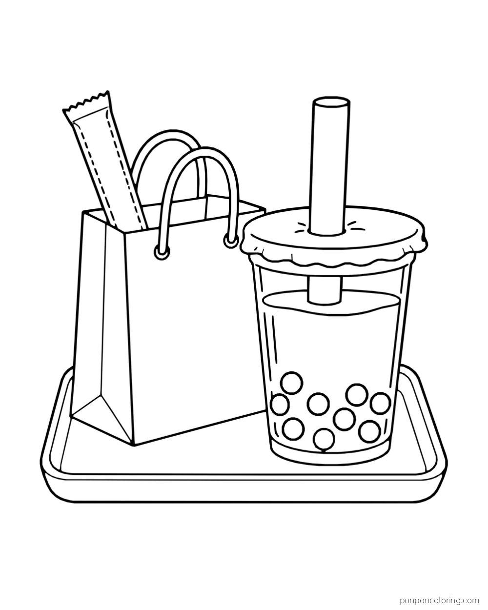 A boba cup, small handled bag, and wrapped straw rest on a tray.