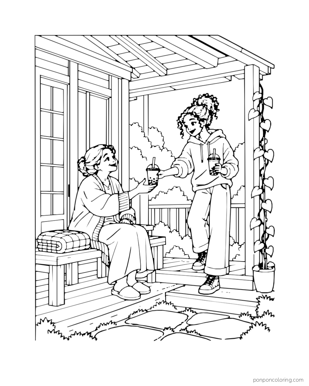 A standing adult passes a boba cup to an older adult seated on a porch bench.