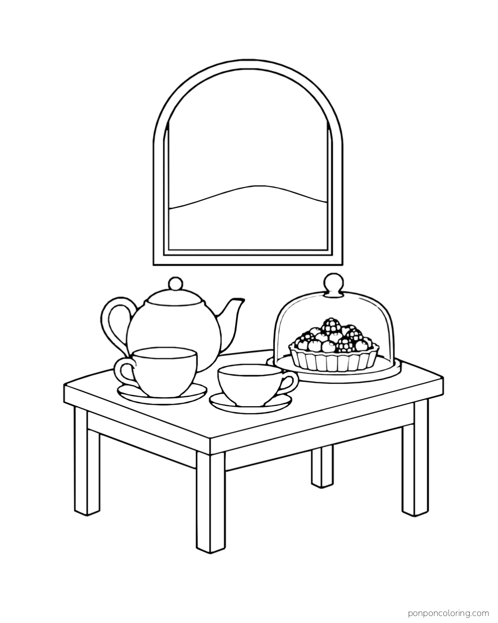 Teapot, cups, and a covered tart sit on a small shop table beneath an arched window.