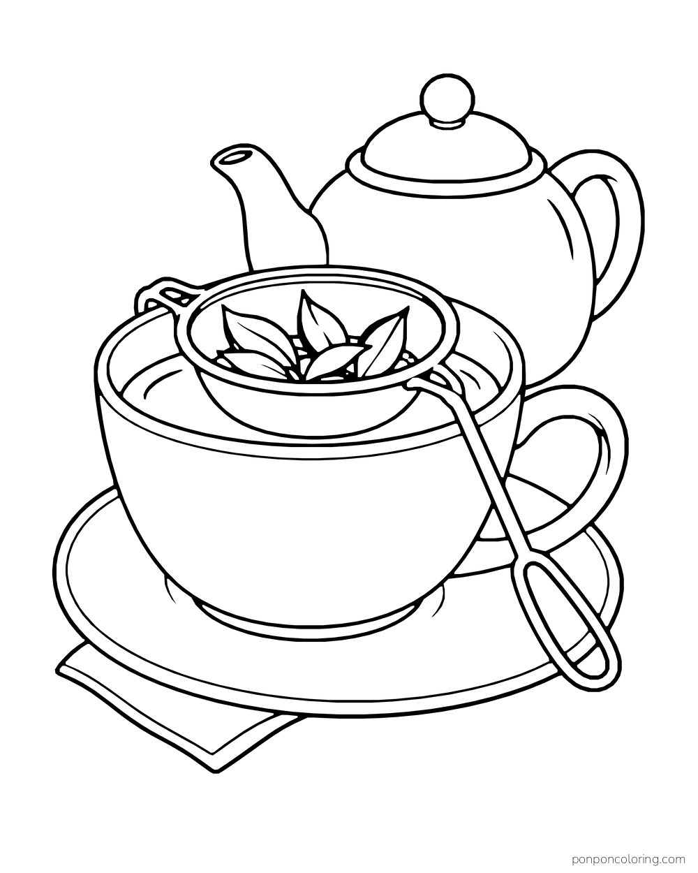 Strainer holding tea leaves rests above a large cup, with a teapot behind it.