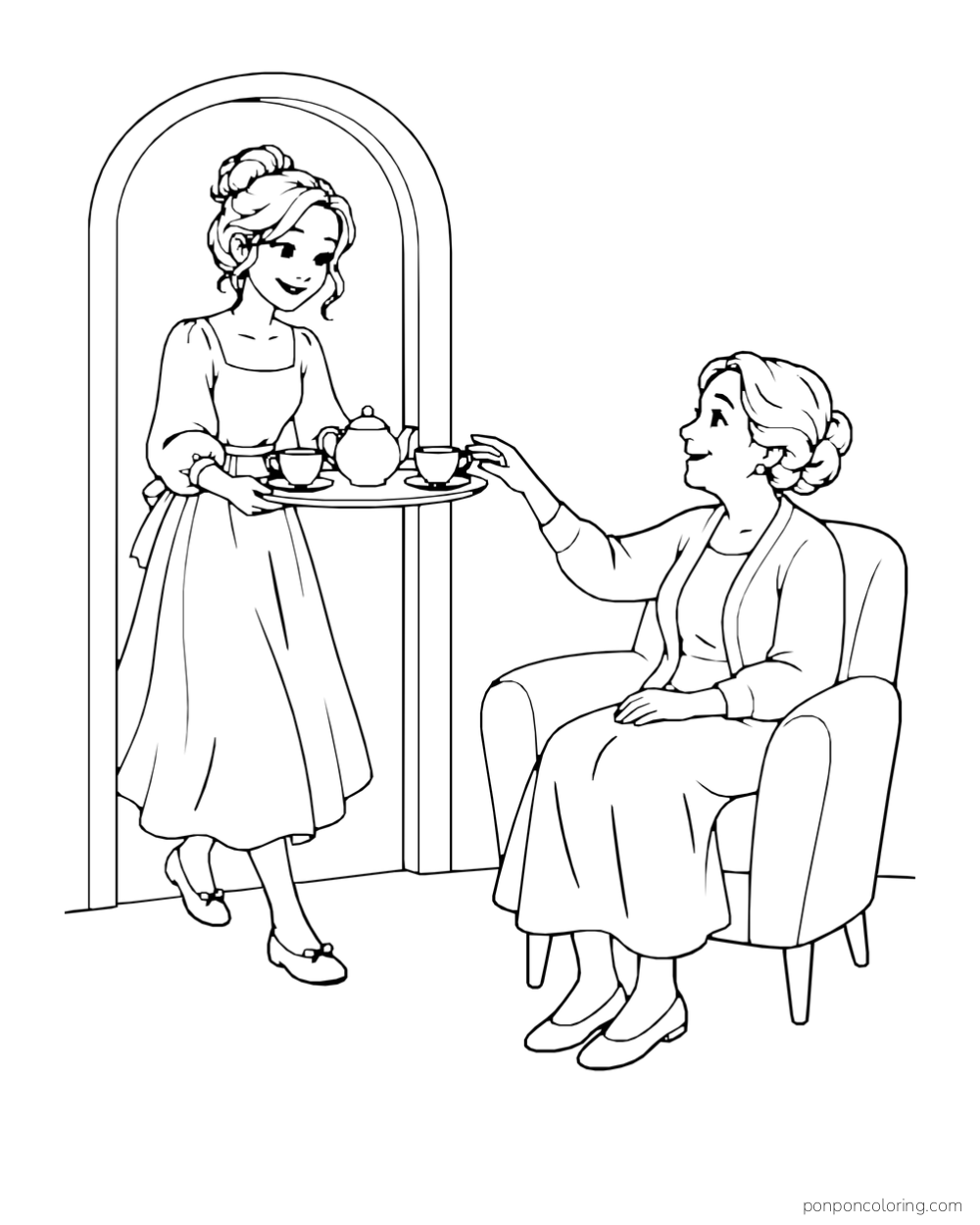 Person carries a tea tray to an older woman seated in an armchair by an arched doorway.