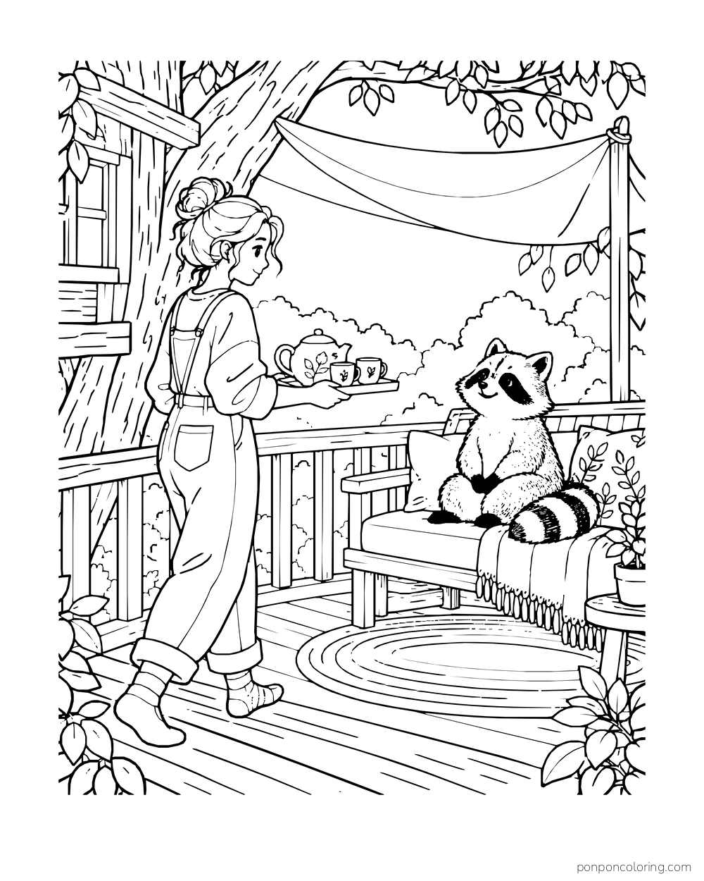 An adult brings a tray of tea to a raccoon sitting on a treehouse deck beneath a canopy.