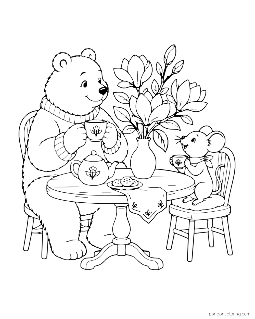 A bear and mouse share tea at a small round table beside a vase of magnolia blossoms.