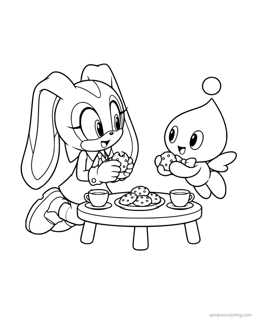 Cream and Cheese sharing tea and cookies at a small table.