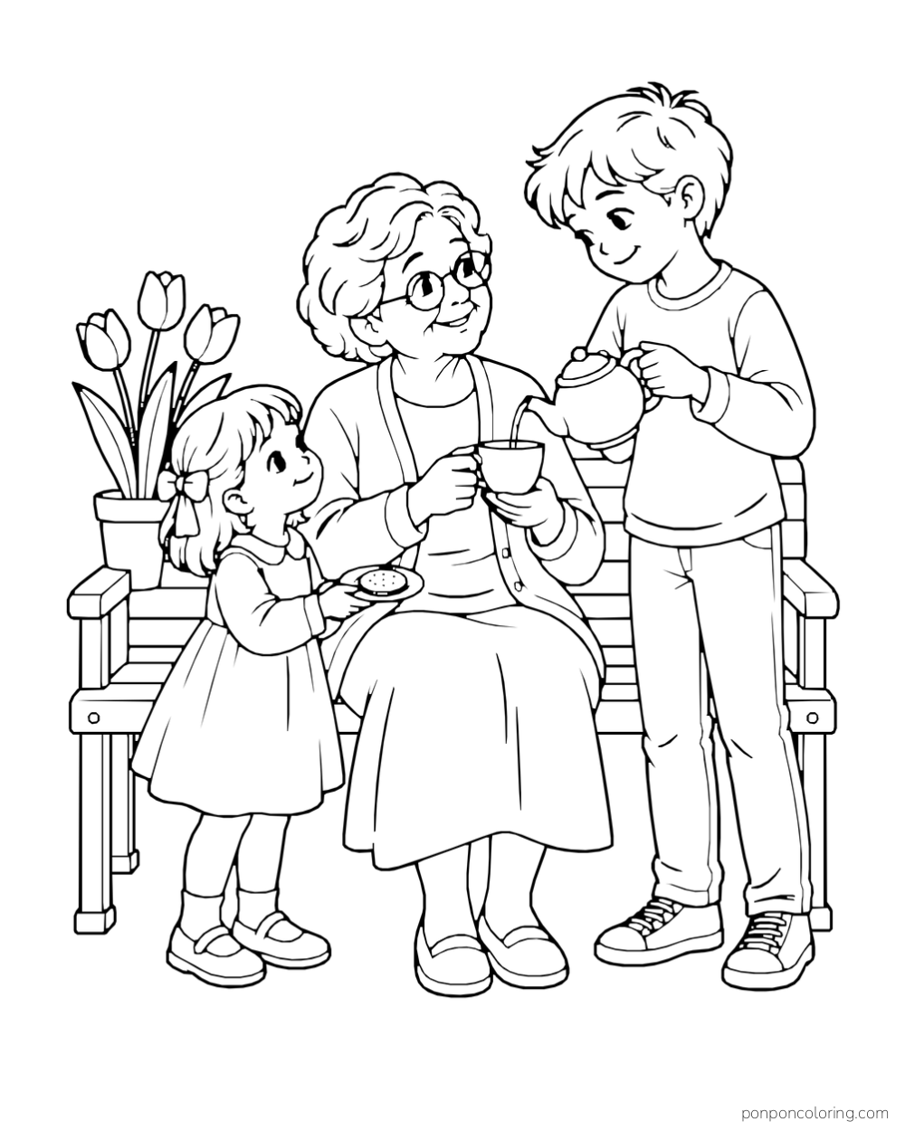 Grandparent receives tea from a child while another child stands nearby beside tulips.