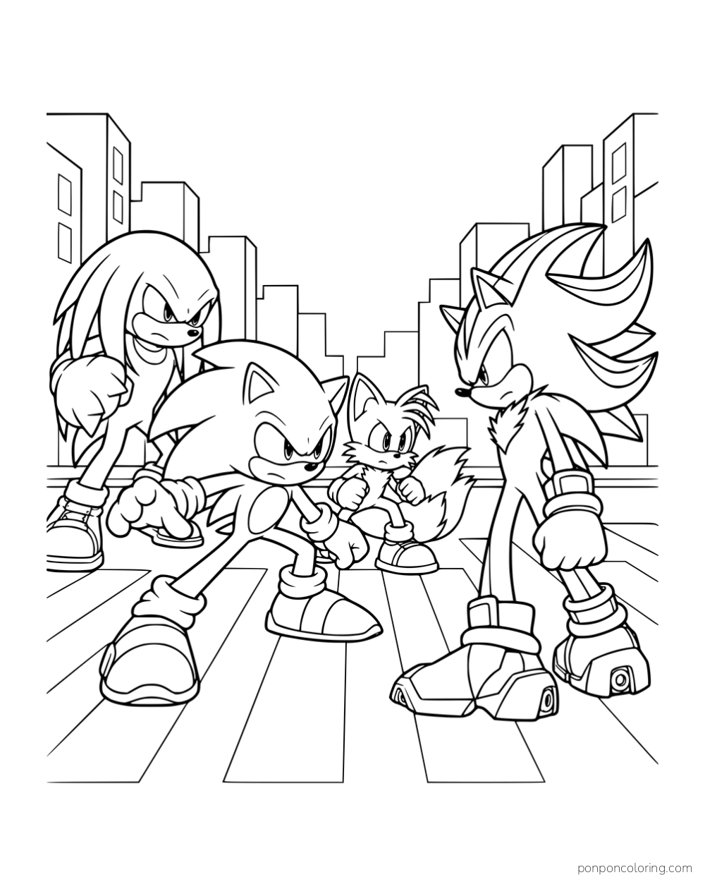 Sonic, Tails, and Knuckles confronting Shadow at a city crossing.
