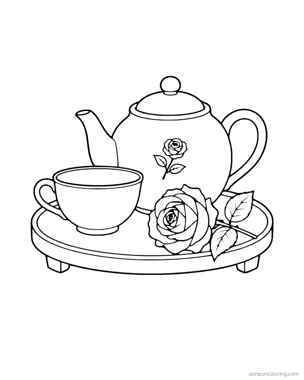 Teapot with a small rose motif beside a cup and one real rose on a round tray.