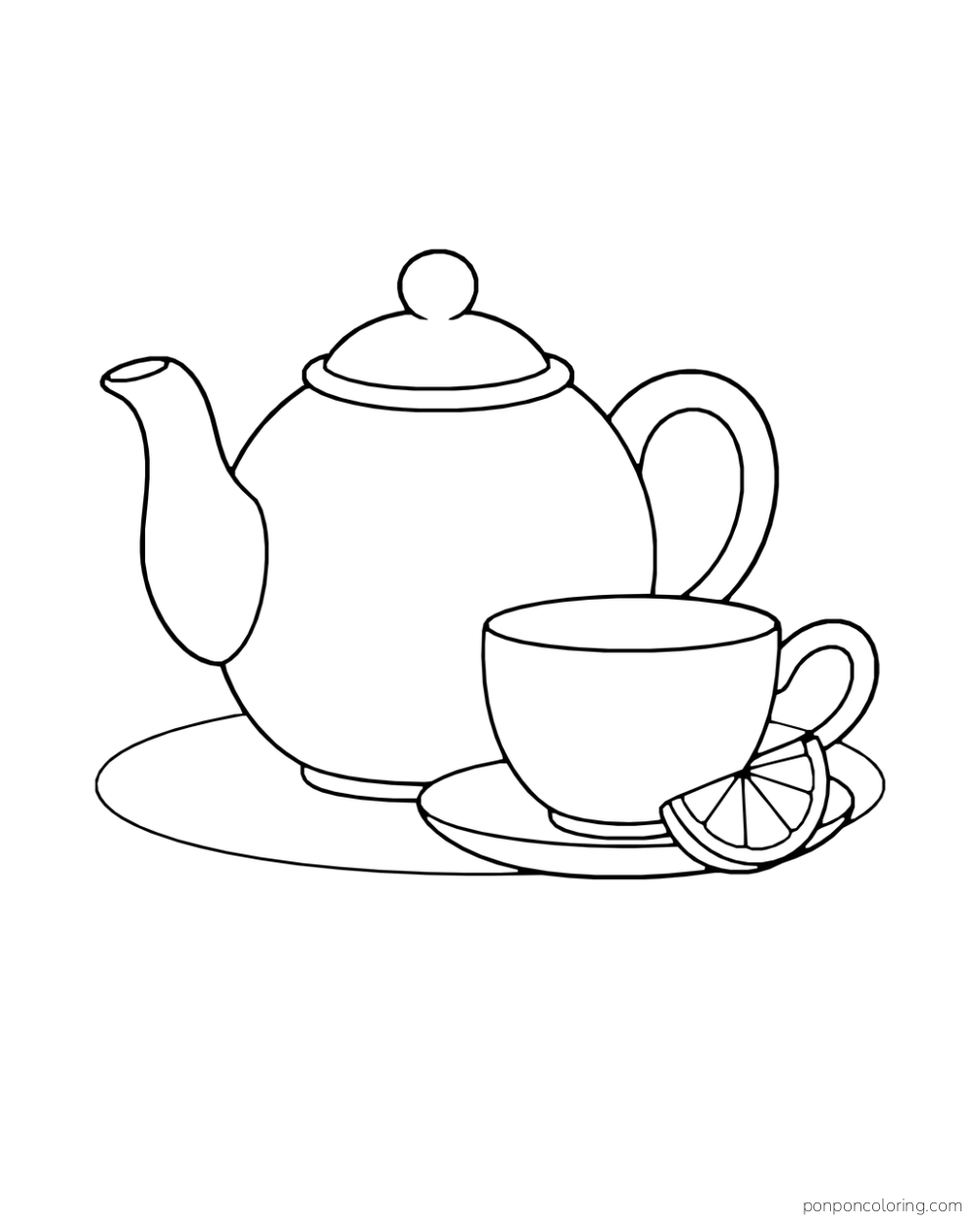 Large plain teapot stands beside a teacup and lemon wedge.