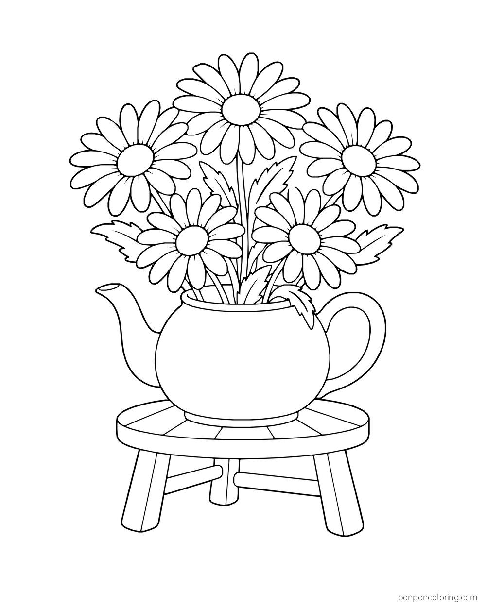 A teapot filled with daisies stands on a low round garden stool.