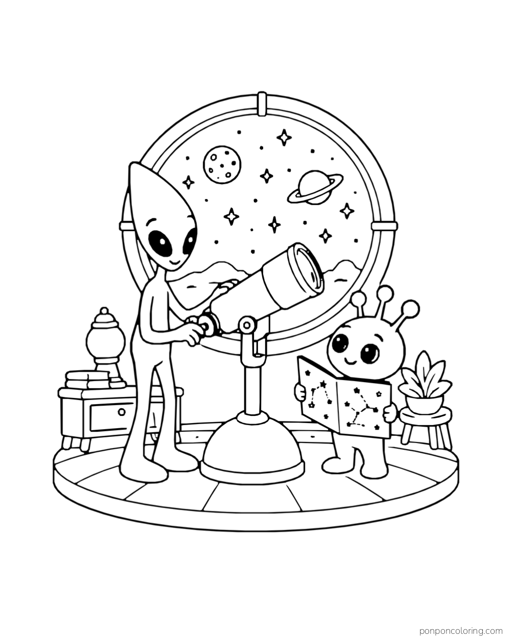 Two aliens look at a telescope and star chart by a round window.