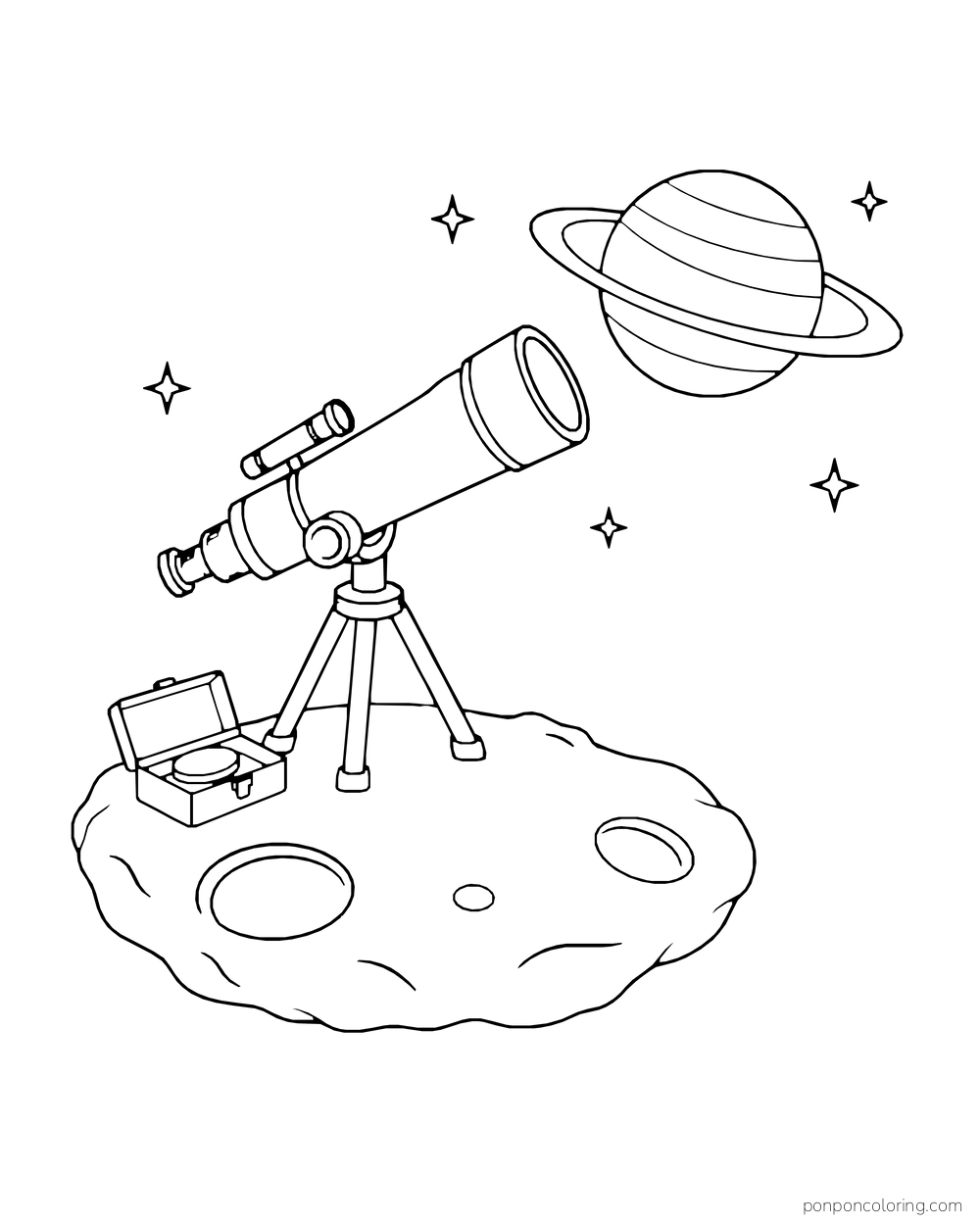 A telescope on a rocky ledge points toward a ringed planet beside an open box.