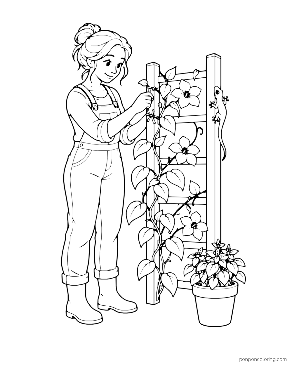An adult tends a flowering vine on a short trellis while a small gecko clings to its right post.