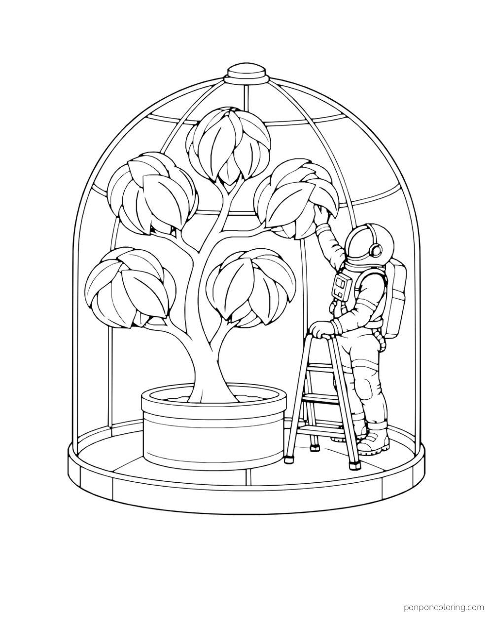 An astronaut stands on a ladder to tend a leafy tree inside a dome.