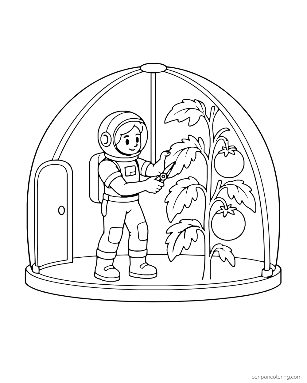 An astronaut tends the leaves of a tall fruiting plant inside a clear dome.