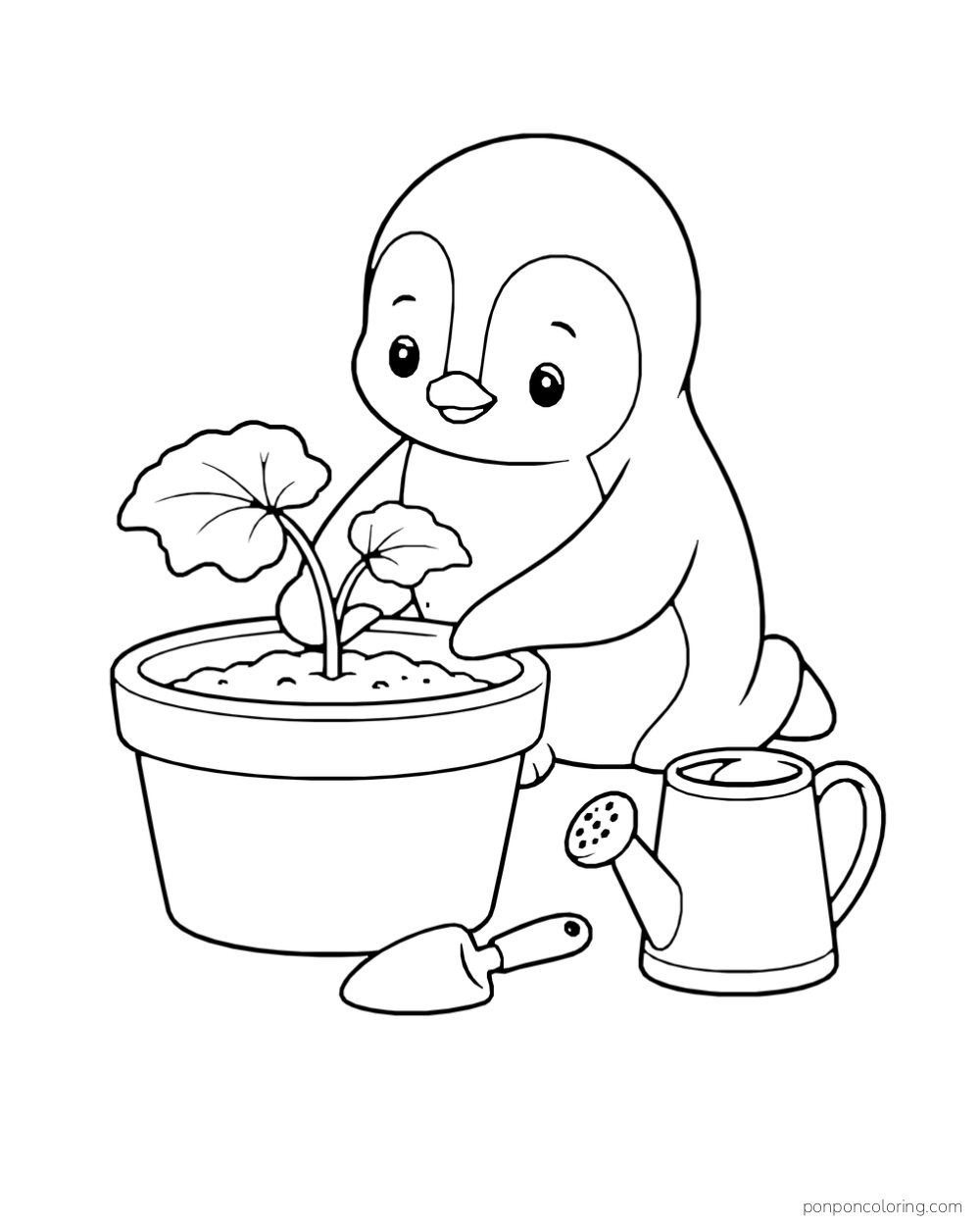 A penguin tends a leafy seedling in a pot beside a scoop and a watering can.